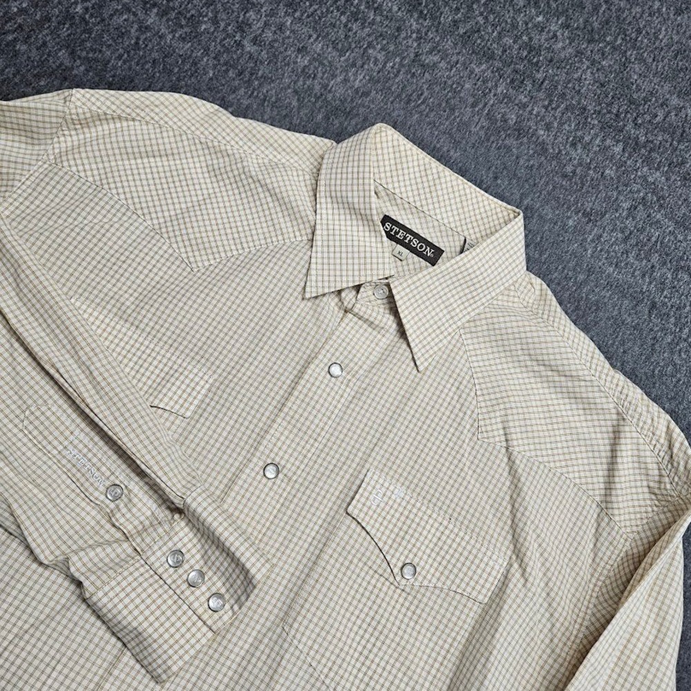 Stetson Western Shirt Mens XL Tan Check Pearl Snap Long Sleeve Cotton
